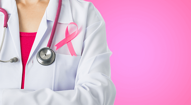 Doctor wearing a stethoscope and pink ribbon